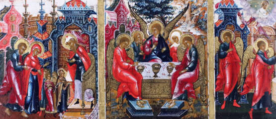 A VERY FINE AND LARGE ICON SHOWING THE RESURRECTION OF CHRIST AND THE DESCENT INTO HELL WITHIN A SURROUND OF 16 MAIN LITURGICAL FEASTS AND THE FOUR EVANGELISTEN - Foto 3
