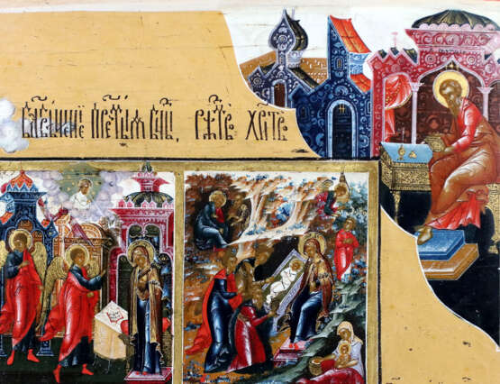 A VERY FINE AND LARGE ICON SHOWING THE RESURRECTION OF CHRIST AND THE DESCENT INTO HELL WITHIN A SURROUND OF 16 MAIN LITURGICAL FEASTS AND THE FOUR EVANGELISTEN - Foto 4