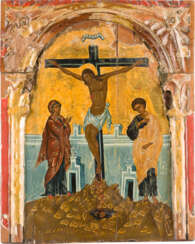 A LARGE ICON SHOWING THE CRUCIFIXION OF CHRIST FROM A CHURCH ICONOSTASIS