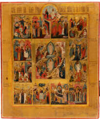 A LARGE AND FINE ICON OF THE ANASTASIS WITH THE MAIN ECCLECIASTICAL FEASTS
