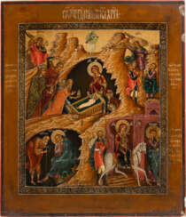 A FINE ICON SHOWING THE NATIVITY OF CHRIST, THE ADORATION OF THE MAGI AND THE FLIGHT INTO EGYPT