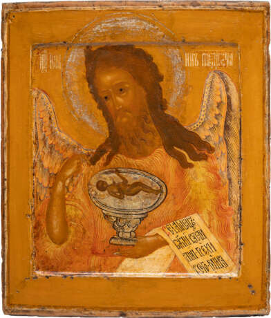 A VERY FINE ICON SHOWING ST. JOHN THE FORERUNNER FROM A DEISIS WITH OKLAD - photo 1