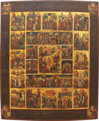 A LARGE ICON OF THE ANASTASIS OF CHRIST SURROUNDED BY THE NARRATIVE OF HIS PASSION AND THE FOUR EVANGELISTS