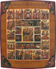 A LARGE ICON OF THE ANASTASIS OF CHRIST SURROUNDED BY THE NARRATIVE OF HIS PASSION AND 16 FEASTS