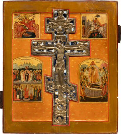 A LARGE STAUROTHEK ICON SHOWING THE ARCHANGEL MICHAEL, ST. GEORGE, THE POKROV AND THE DORMITION OF THE MOTHER OF GOD - photo 1