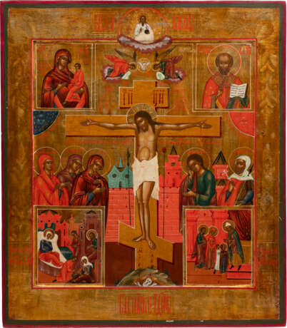 A LARGE ICON SHOWING THE CRUCIFIXION OF CHRIST, THE TIKHVINSKAYA MOTHER OF GOD, ST. NICHOLAS OF MYRA AND FEASTS - photo 1