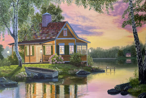 House Lake River Sunset Cat Sea Flowers "Масло" Öl auf Leinwand Zeitgenössischer Realismus современный реализм Russland 2021 - Foto 1