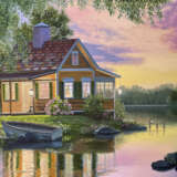 House Lake River Sunset Cat Sea Flowers "Масло" Oil on canvas Contemporary realism современный реализм Russia 2021 - photo 1