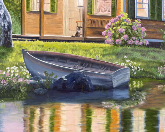 House Lake River Sunset Cat Sea Flowers "Масло" Oil on canvas Contemporary realism современный реализм Russia 2021 - photo 7