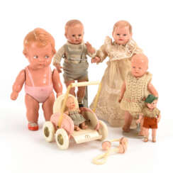 6 celluloid dolls and strollers. Schildkröt, Cellba and Minerva.
