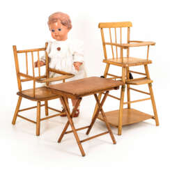 Defective Schildkröt-Christel, doll chair, folding table and doll high chair.