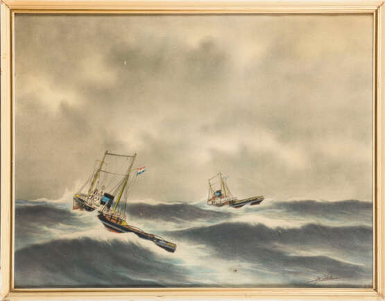 Undeutlich signiert: Zwei holländische Schlepper bei starkem Wellengang . - фото 1