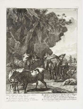 HERZ, Johann Daniel d. Ä. (1693 Augsburg - 1754 Augsburg). "Ruhende Hirten mit ihrer Herde an der Tr - Foto 1