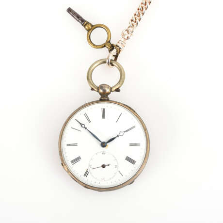 Silberne Taschenuhr an silberner Uhrenkette. - фото 1