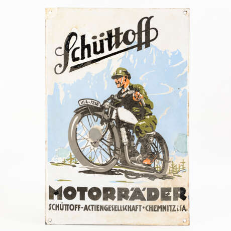 Emailleschild Motorradwerbung "Schüttoff". - Foto 1