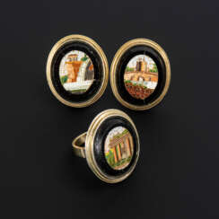 Italian ring and pair of ear clips with micro-mosaics.