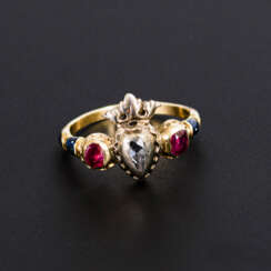 Ring with old European cut diamond and rubies 2nd half 19th Century.