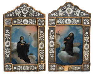 Zwei Hinterglasbilder mit Heiligen.
