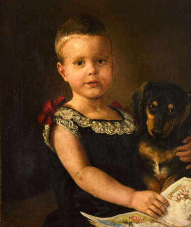 LINS , Adolf (1856 Kassel - 1927 Düsseldorf). Kinderbildnis mit Hund. - Foto 1