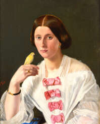 VOLCK, F.. Bildnis einer jungen Frau mit Kanarienvogel.