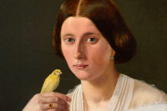 VOLCK, F.. Bildnis einer jungen Frau mit Kanarienvogel. - Foto 2
