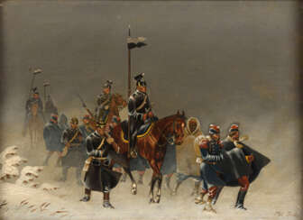 SELL, Christian d.J. (1854 Düsseldorf - 1925 Gotha). Preußische Ulanen mit französischen Gefangenen.