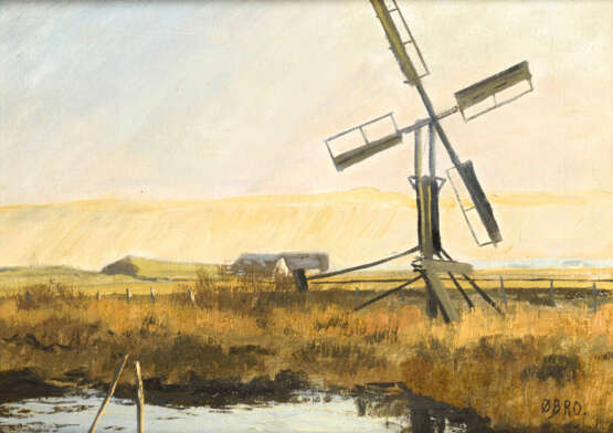 ØBRO, Aage (1884 Raagelund - 1978 Soro). Landschaft mit Windmühle. - Foto 1
