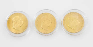 3-teiliges GOLDkonvolut - 3 x 100 Kronen 1915/NP, Franz Joseph I.