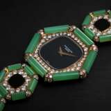 PATEK PHILIPPE REF. 4364, A YELLOW GOLD DIAMOND ONYX & CHRYSOPRASE WRISTWATCH, EARRING, AND RING SUITE  - фото 1
