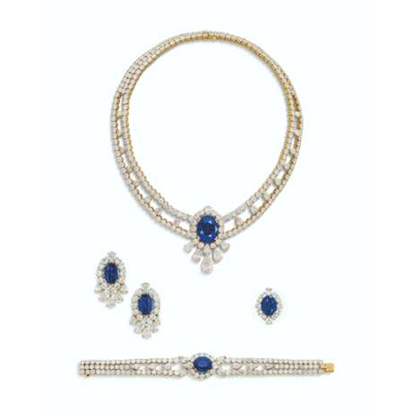 SAPPHIRE AND DIAMOND NECKLACE, BRACELET, EARRING AND RING SUITE - photo 1