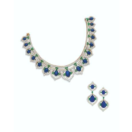Cartier. CARTIER SAPPHIRE, EMERALD AND DIAMOND NECKLACE AND EARRING SET - photo 1