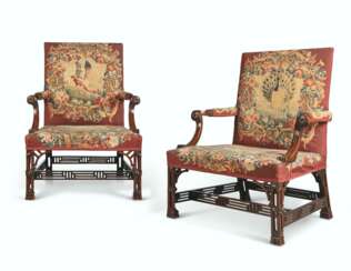 A PAIR OF GEORGE II MAHOGANY LIBRARY ARMCHAIRS WITH AUBUSSON TAPESTRY UPHOLSTERY