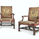 A PAIR OF GEORGE II MAHOGANY LIBRARY ARMCHAIRS WITH AUBUSSON TAPESTRY UPHOLSTERY - фото 1