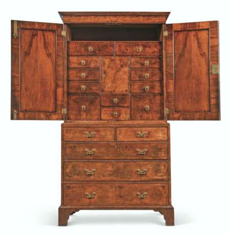 A GEORGE II FEATHERBANDED BURR-WALNUT AND WALNUT CABINET-ON-CHEST - photo 1