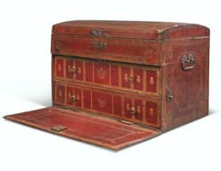 A ROYAL LOUIS XV GILT-TOOLED BURGUNDY LEATHER COFFRE A VOYAGE