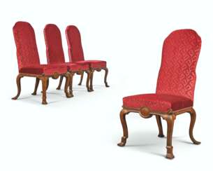 A SET OF FOUR GEORGE I WALNUT, BEECH AND SEAWEED MARQUETRY SIDE CHAIRS
