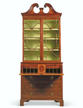 A GEORGE III BURR-YEW, MAHOGANY AND ENGRAVED MARQUETRY SECRETAIRE-BOOKCASE - фото 1