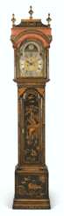 A GEORGE II GILT AND BLACK JAPANNED LONGCASE CLOCK WITH CALENDAR AND MOONPHASE