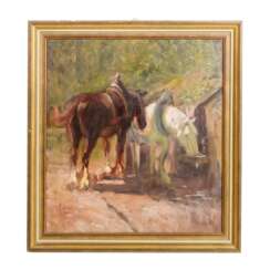 SPÄTIMPRESSIONIST/IN Anfang 20. Jahrhundert, "Zwei Pferde an der Futterstelle vor dem Haus",