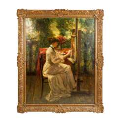 BASTIEN, ALFRED (1873-1955) "Porträt einer jungen Frau, die einen Blumenstrauß malt"