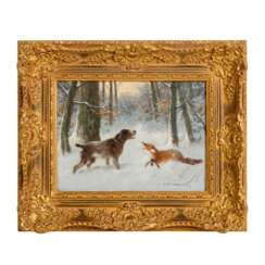 SCHEUERER, OTTO (1862-1934), "Fuchs und Hund in verschneitem Wald",
