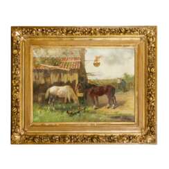 CALVES, GEORGES (1848-1923), "Pferde im Garten hinter dem Haus", 
