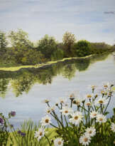 OIL LANDSCAPE CHAMOMILES RIVER FLOWERS OIL LANDSCAPE CHAMOMILES RIVER FLOWERS