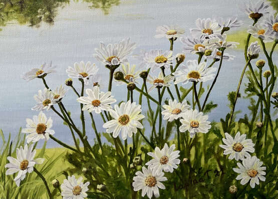 OIL LANDSCAPE CHAMOMILES RIVER FLOWERS "Масло" Oil paint Realism Russia 2021 - photo 4