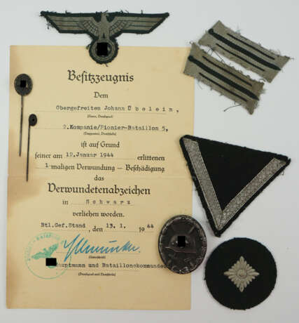 Verwundetenabzeichen, 1939, Schwarz mit Urkunde eines Obergefreiten der 2./ Pionier-Bataillon 5. - Foto 1