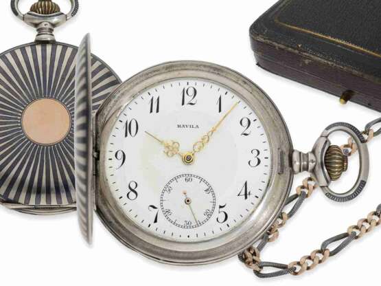 Taschenuhr: seltene Präzisionstaschenuhr , Havila Watch Co. Geneve, attraktive Tula-Dekoration, mit Originalkette und Originalbox, ca.1910 - photo 1