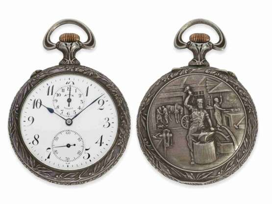 Taschenuhr: feine Jugendstil Reliefuhr mit Wecker, Fabrique d'Horlogerie Renova Le Locle, ca. 1910 - photo 1