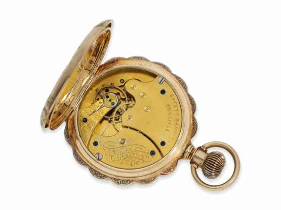 Taschenuhr: ausgesprochen schöne, massiv goldene Jugendstil-Savonnette mit sog. "Scalloped Case", American Waltham No.6096031, ca.1893, mit Originalbox - Foto 3