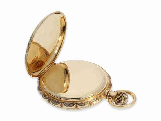 Taschenuhr: ausgesprochen schöne, massiv goldene Jugendstil-Savonnette mit sog. "Scalloped Case", American Waltham No.6096031, ca.1893, mit Originalbox - Foto 5