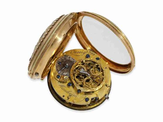 Taschenuhr: seltene, deutsche 4-Farben Louis XV-Goldspindeluhr mit Originalbox und originalem Goldschlüssel, Rudolph Quosig Man(n)heim, ca.1790 - Foto 3